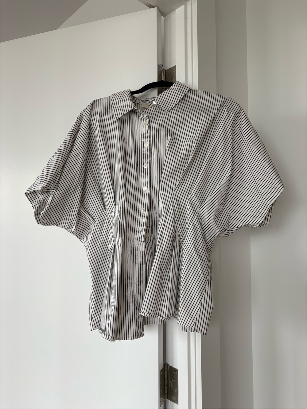 Anthropologie exquise Striped Button-Front Blouse in White and Black peplum